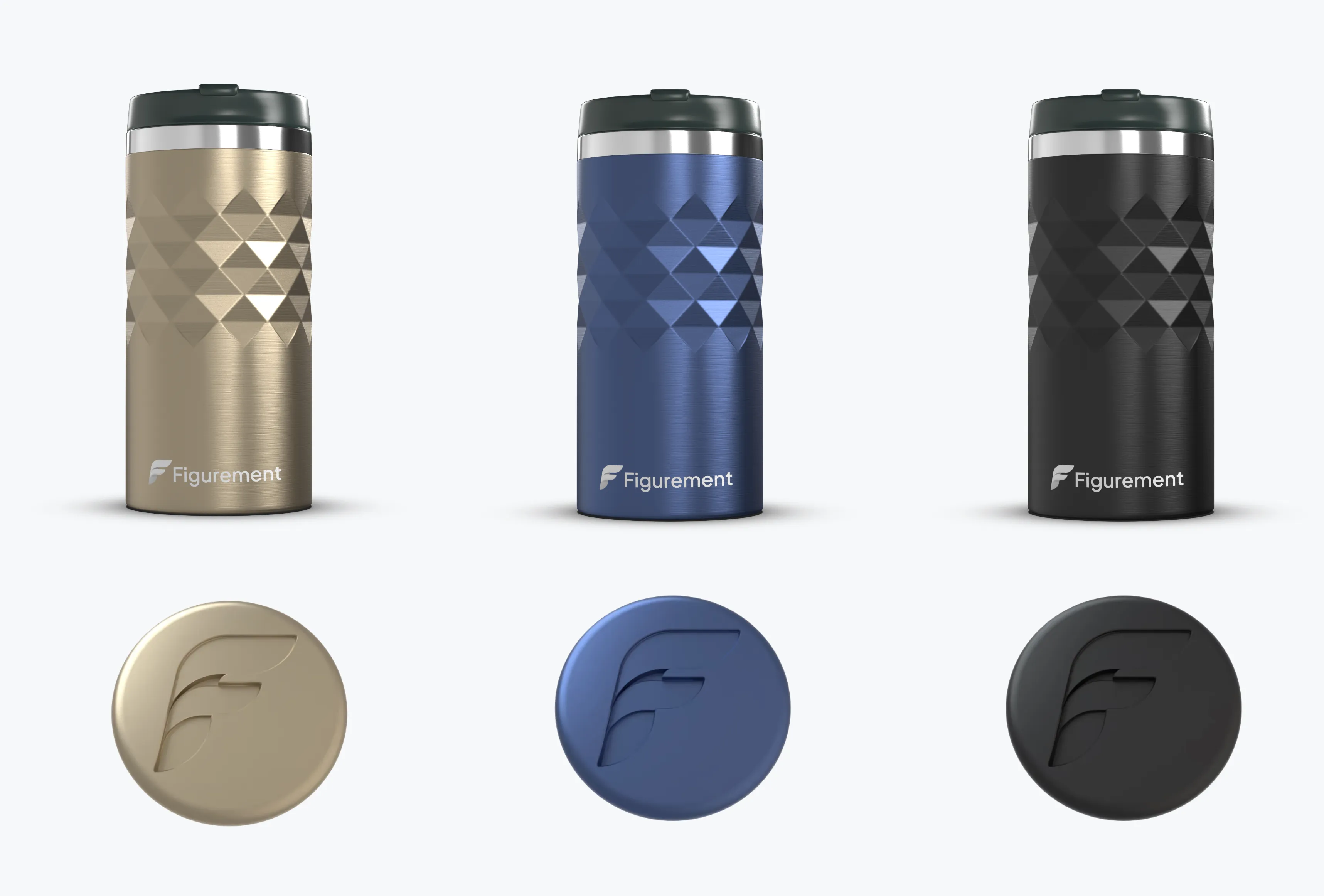 Three tumbler colorways in sand, blue, and black